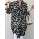 Women Spliced Leopard Printed Side Fork Turn-Down-Collar Button Knee Length Casual Shirts
