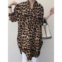 Women Spliced Leopard Printed Side Fork Turn-Down-Collar Button Knee Length Casual Shirts