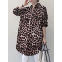 Women Spliced Leopard Printed Side Fork Turn-Down-Collar Button Knee Length Casual Shirts