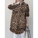 Women Spliced Leopard Printed Side Fork Turn-Down-Collar Button Knee Length Casual Shirts