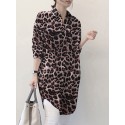 Women Spliced Leopard Printed Side Fork Turn-Down-Collar Button Knee Length Casual Shirts