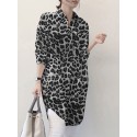Women Spliced Leopard Printed Side Fork Turn-Down-Collar Button Knee Length Casual Shirts