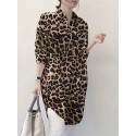 Women Spliced Leopard Printed Side Fork Turn-Down-Collar Button Knee Length Casual Shirts