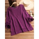 Vintage Loose Women Pure Color O-Neck Short Front Long Back Batwing Long Sleeve T-shirt