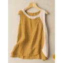 Contrasting Color Button Sleeveless Round Neck Casual Cotton Tank Top