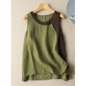 Contrasting Color Button Sleeveless Round Neck Casual Cotton Tank Top