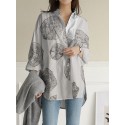100% Cotton Women Floral Print Chest Pocket Lapel Long Sleeve Shirts