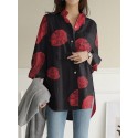100% Cotton Women Floral Print Chest Pocket Lapel Long Sleeve Shirts