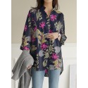 Women Cotton Vintage Floral Leaf Print Casual Loose Shirts with Front Pockets