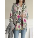 Women Cotton Vintage Floral Leaf Print Casual Loose Shirts with Front Pockets