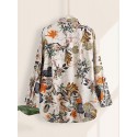 Women Cotton Vintage Floral Leaf Print Casual Loose Shirts with Front Pockets