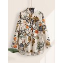 Women Cotton Vintage Floral Leaf Print Casual Loose Shirts with Front Pockets