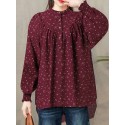 Ditsy Floral Print Button Shirred Long Sleeve Blouse