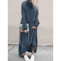 Women Fleece Long Solid Turtleneck Long Sleeve Ankle Length Casual Dresses