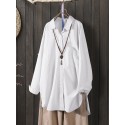 Women Solid Color Commute Lapel Front Pocket Casual Loose Shirts