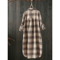 Women Long Sleeve Plaid Casual Asymmetrical Long Blouse