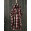 Women Long Sleeve Plaid Casual Asymmetrical Long Blouse