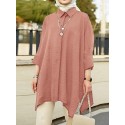 Solid Batwing Sleeve Button Split Concealed placket Lapel Shirt