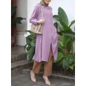 Solid Button Slit Hem Long Sleeve Casual Blouse