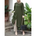 Solid Button Slit Hem Long Sleeve Casual Blouse