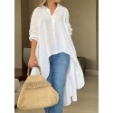 Solid High-low Hem Long Sleeve Lapel Blouse