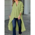 Solid High-low Hem Long Sleeve Lapel Blouse