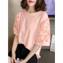 Patchwork Round Neck Half Sleeve Casual Blouse