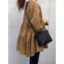Women Solid Color Puff Sleeve O-Neck Button Layered Hem Casual Blouse