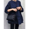 Women Solid Color Puff Sleeve O-Neck Button Layered Hem Casual Blouse