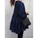 Women Solid Color Puff Sleeve O-Neck Button Layered Hem Casual Blouse