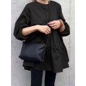 Women Solid Color Puff Sleeve O-Neck Button Layered Hem Casual Blouse