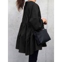 Women Solid Color Puff Sleeve O-Neck Button Layered Hem Casual Blouse