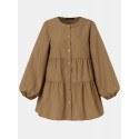 Women Solid Color Puff Sleeve O-Neck Button Layered Hem Casual Blouse