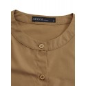 Women Solid Color Puff Sleeve O-Neck Button Layered Hem Casual Blouse