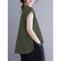 Cotton Solid Button Pocket High-Low Hem Short Sleeve Blouse