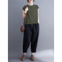 Cotton Solid Button Pocket High-Low Hem Short Sleeve Blouse