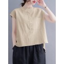 Cotton Solid Button Pocket High-Low Hem Short Sleeve Blouse