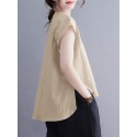 Cotton Solid Button Pocket High-Low Hem Short Sleeve Blouse