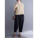 Cotton Solid Button Pocket High-Low Hem Short Sleeve Blouse