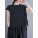 Cotton Solid Button Pocket High-Low Hem Short Sleeve Blouse