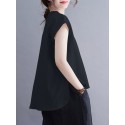 Cotton Solid Button Pocket High-Low Hem Short Sleeve Blouse