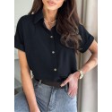 Solid Button Lapel Short Sleeve Split Shirt