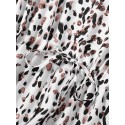 Women Leopard Printed V-Neck Flare Sleeve Elastic Cuff Drawstring Waist Shirts