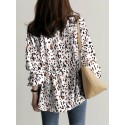 Women Leopard Printed V-Neck Flare Sleeve Elastic Cuff Drawstring Waist Shirts