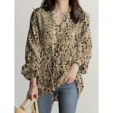 Women Leopard Printed V-Neck Flare Sleeve Elastic Cuff Drawstring Waist Shirts