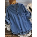 Women Casual Buttons Adjustable Sleeve Denim Blouses