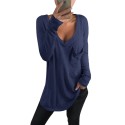 Women Casual V Neck Long Sleeve Loose Baggy Solid T Shirts With Pocket