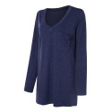 Women Casual V Neck Long Sleeve Loose Baggy Solid T Shirts With Pocket
