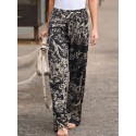 Women Leisure Cotton Contrast Color Elastic Waist Straight Pants with Side Pockets
