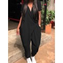 Short Sleeve V-Neck Side Pockets Simple And Comfortable Jumpsuit